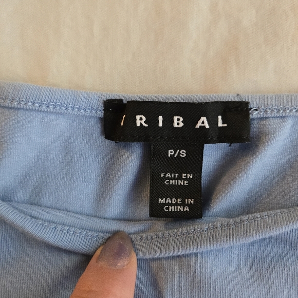 Tribal Light Blue 3/4 Sleeve Stretch Cotton Top with Metal Shoulder Button - Picture 2 of 8